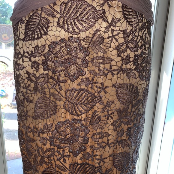 NWOT GLS Apparel Large Beaded Mocha Lace Nude Lined Mermaid Gown Cap Sleeves - Picture 7 of 15